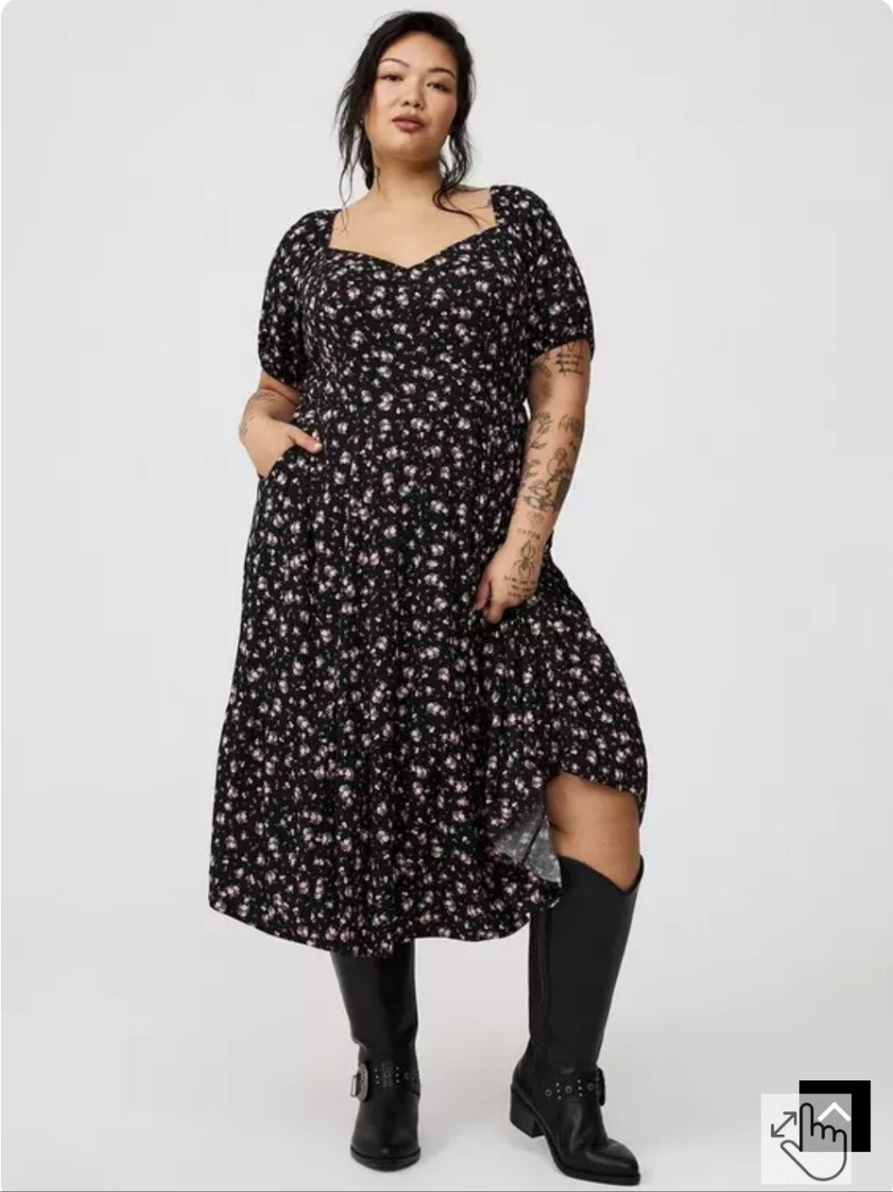 Women’s Black Floral Tiered Midi Dress - Petite & Plus